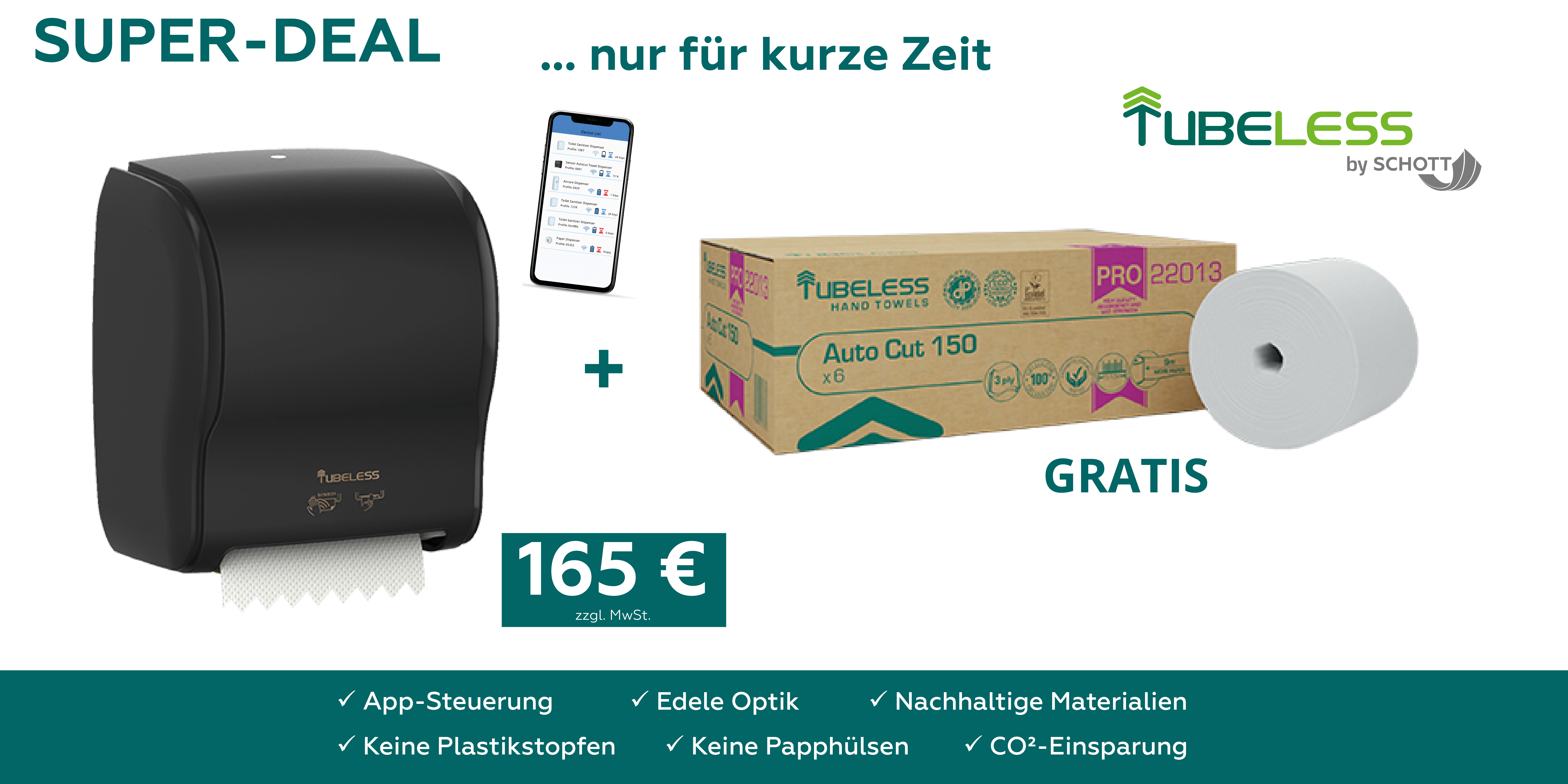 Tubeless Set: Handtuchrollenspender Sensor Smart schwarz + 6 Handtuchrollen 3lg
