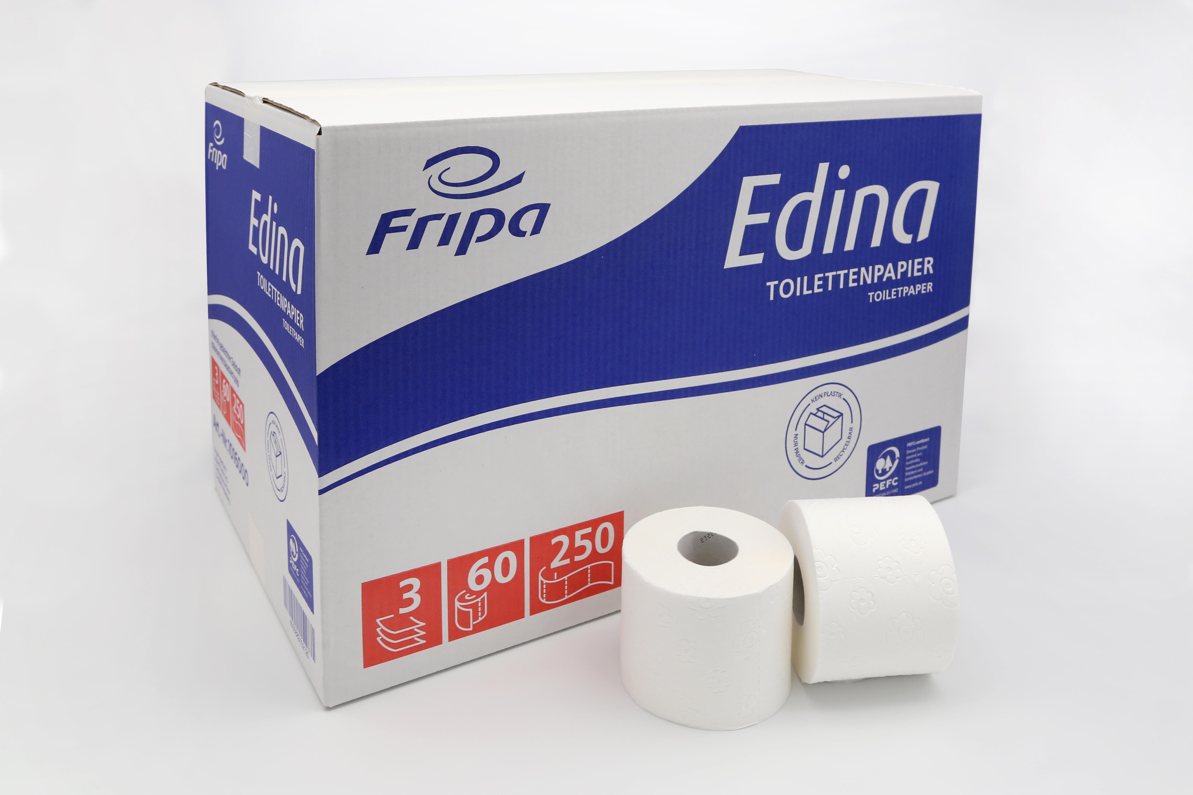 Toilettenpapier Edina 3 lagig 250 Blatt Zellstoff - Einzigartig: 60 Rollen im Karton!