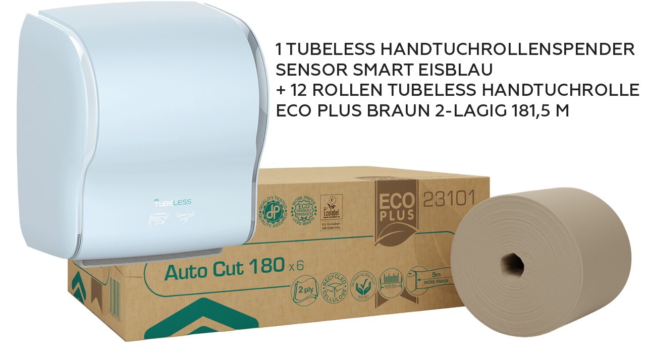 Tubeless Set: Handtuchrollenspender Sensor Smart eisblau + 12 Handtuchrollen Eco Plus braun
